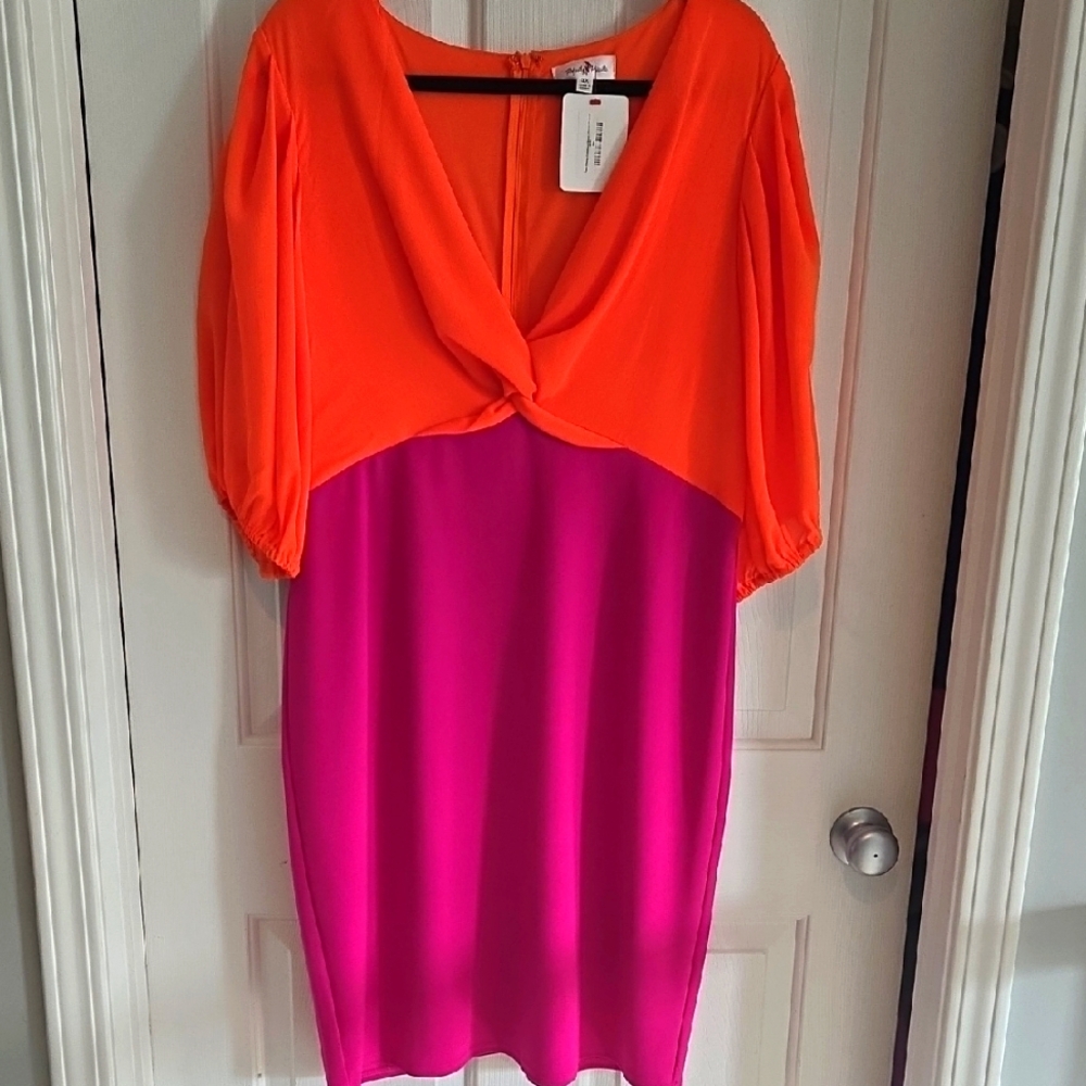 Perfectly Priscilla Colorblock Orange and Pink Dress, Sz 3x